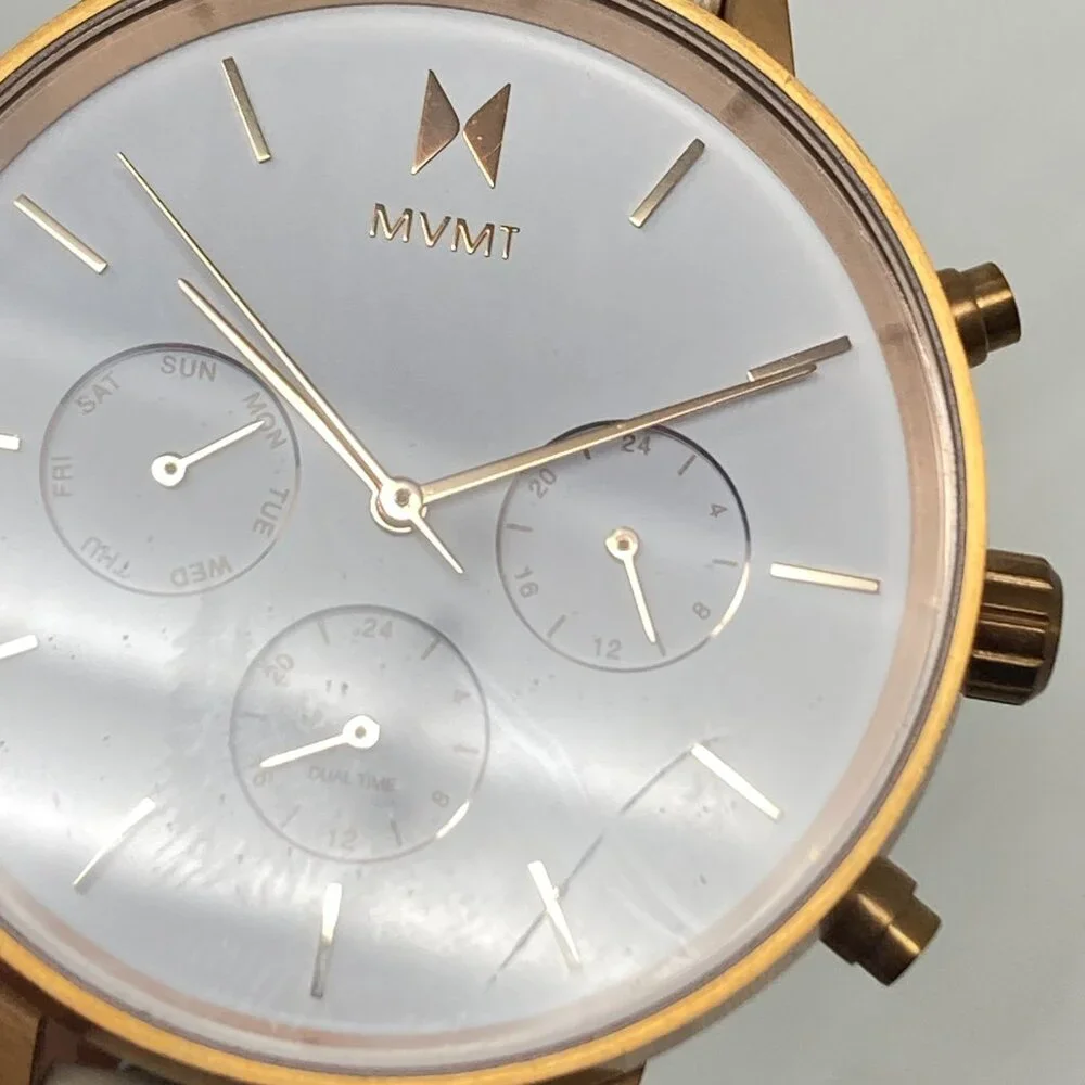 MVMT Nova Luna Women Watch 37mm Rose Gold Tone Dual Time Day Leather New Battery